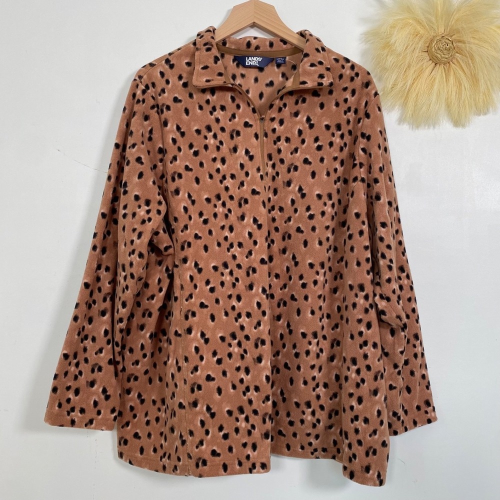 Lands End Womens Fleece Animal Print 1/4 Zip Pullover Size 2X Athletic Leopard